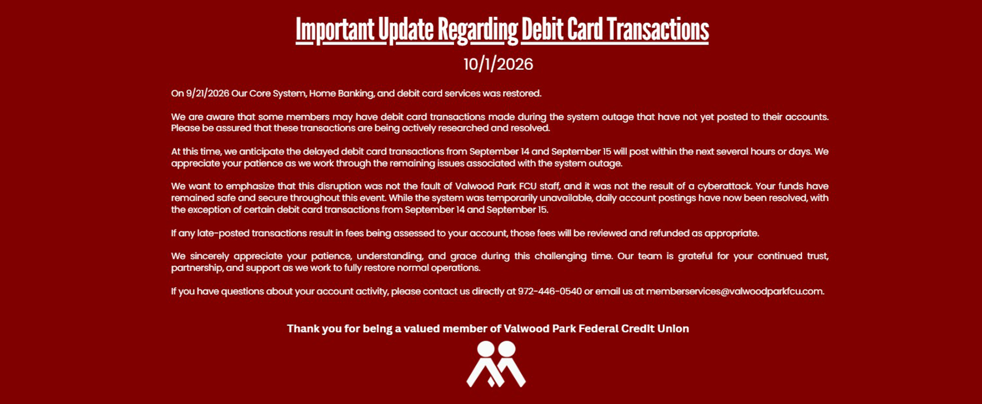 Important update regarding debit card transactions